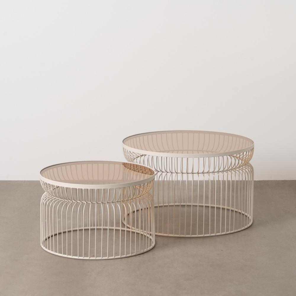 S/2 MESA CENTRO CREMA METAL-CRISTAL 65 X 65 X 40 CM S/2 MESA CENTRO CREMA METAL-CRISTAL 65 X 65 X 40 CM